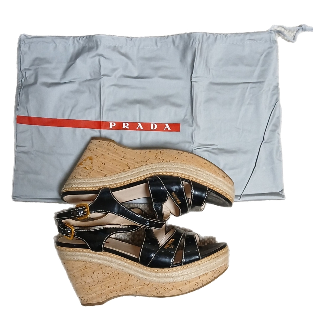 Prada Black Wedge Sandals
